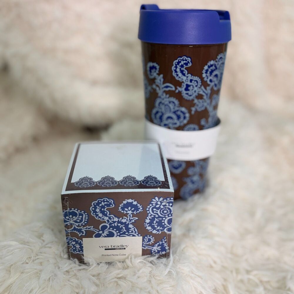 Vera Bradley Cotswolds BrownBlue Floral 16oz Travel Cup & Notepad Block Gift Set